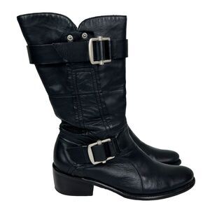 Vera Wang Lavender Chantel Moto Biker Leather Boots Black Mid Calf w Buckles 9.5